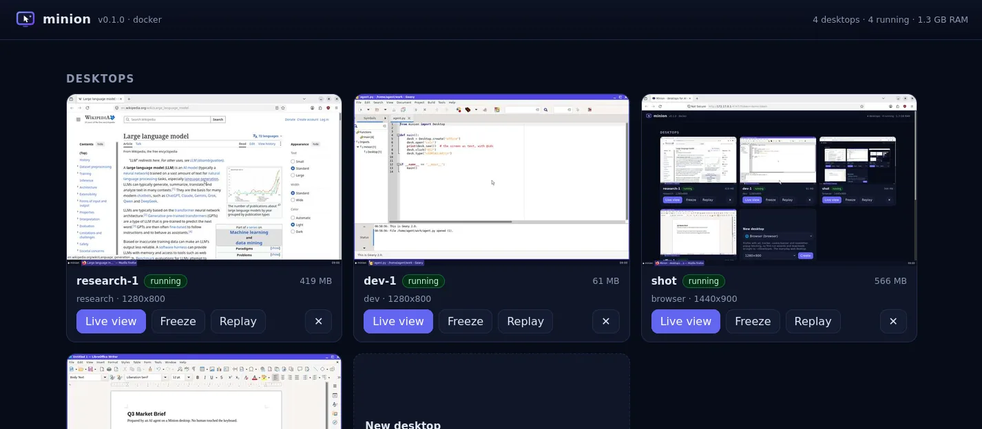 The Minion dashboard with live thumbnails of research, dev and browser desktops