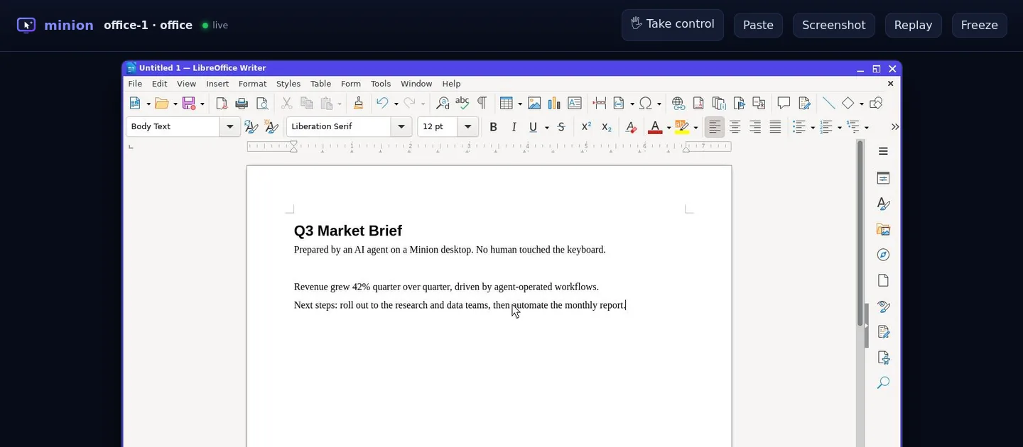 The live view of an office desktop with Take control, Paste, Screenshot, Replay and Freeze buttons