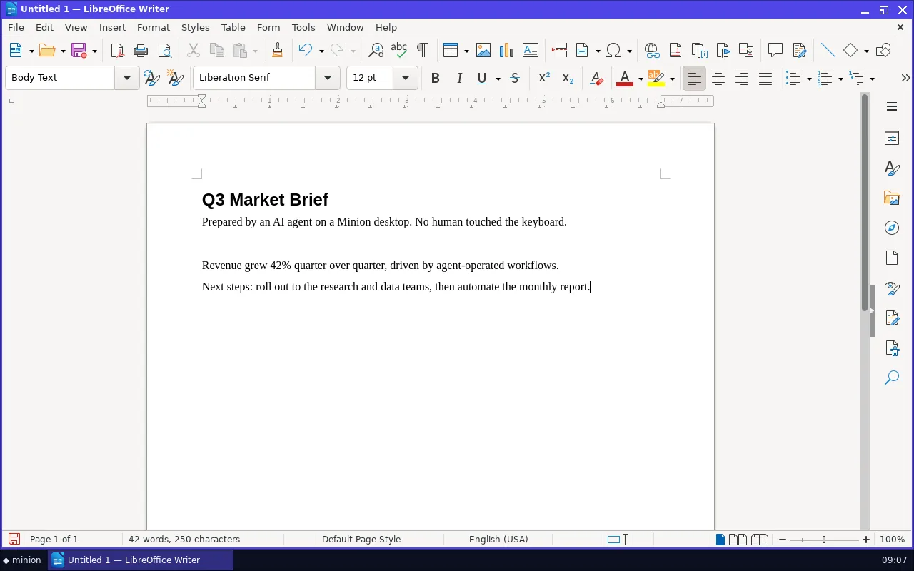 LibreOffice Writer on a Minion office desktop, with a document titled Q3 Market Brief