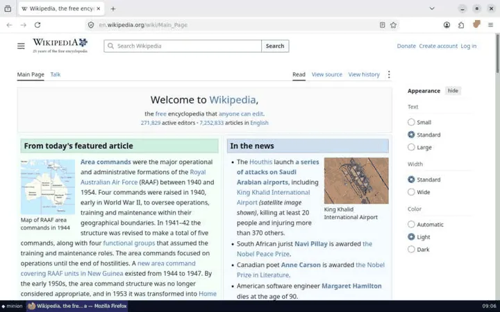 Firefox showing the Wikipedia main page on a Minion research desktop