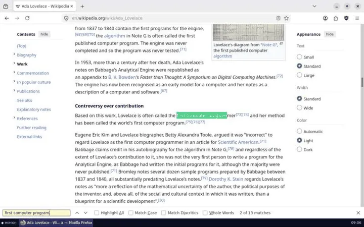 Firefox's find bar highlights the phrase first computer program in the article